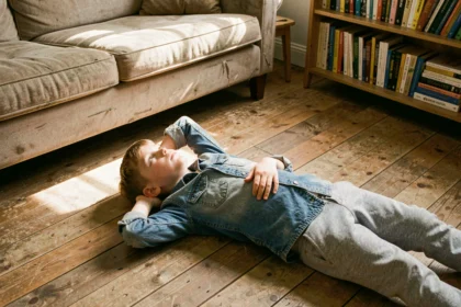 Jeune garçon allongé sur le sol en bois, regardant le plafond, illustrant l'ennui créatif chez l'enfant