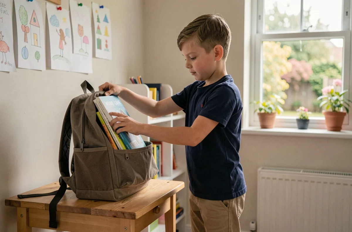 Jeune garçon qui range ses livres dans son cartable dans sa chambre avant la rentrée scolaire