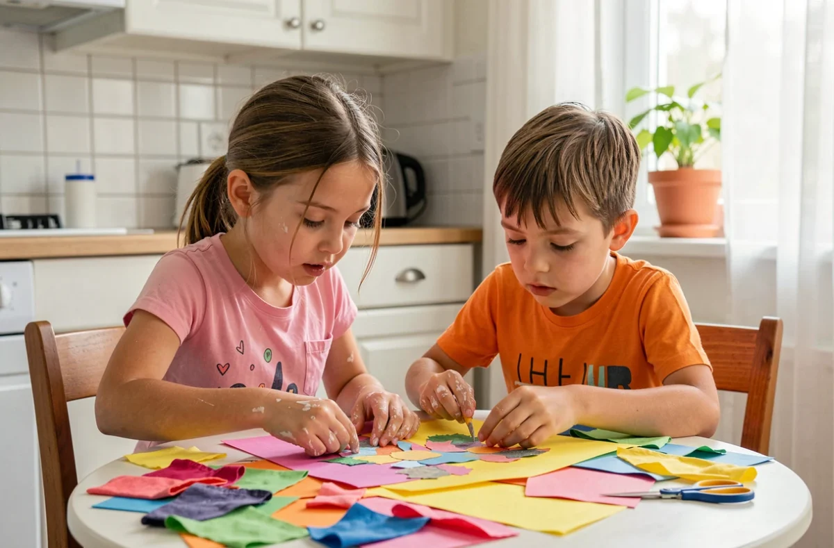 Deux enfants réalisant ensemble un collage en papier et tissu autour d'une table de cuisine, activité créative collaborative