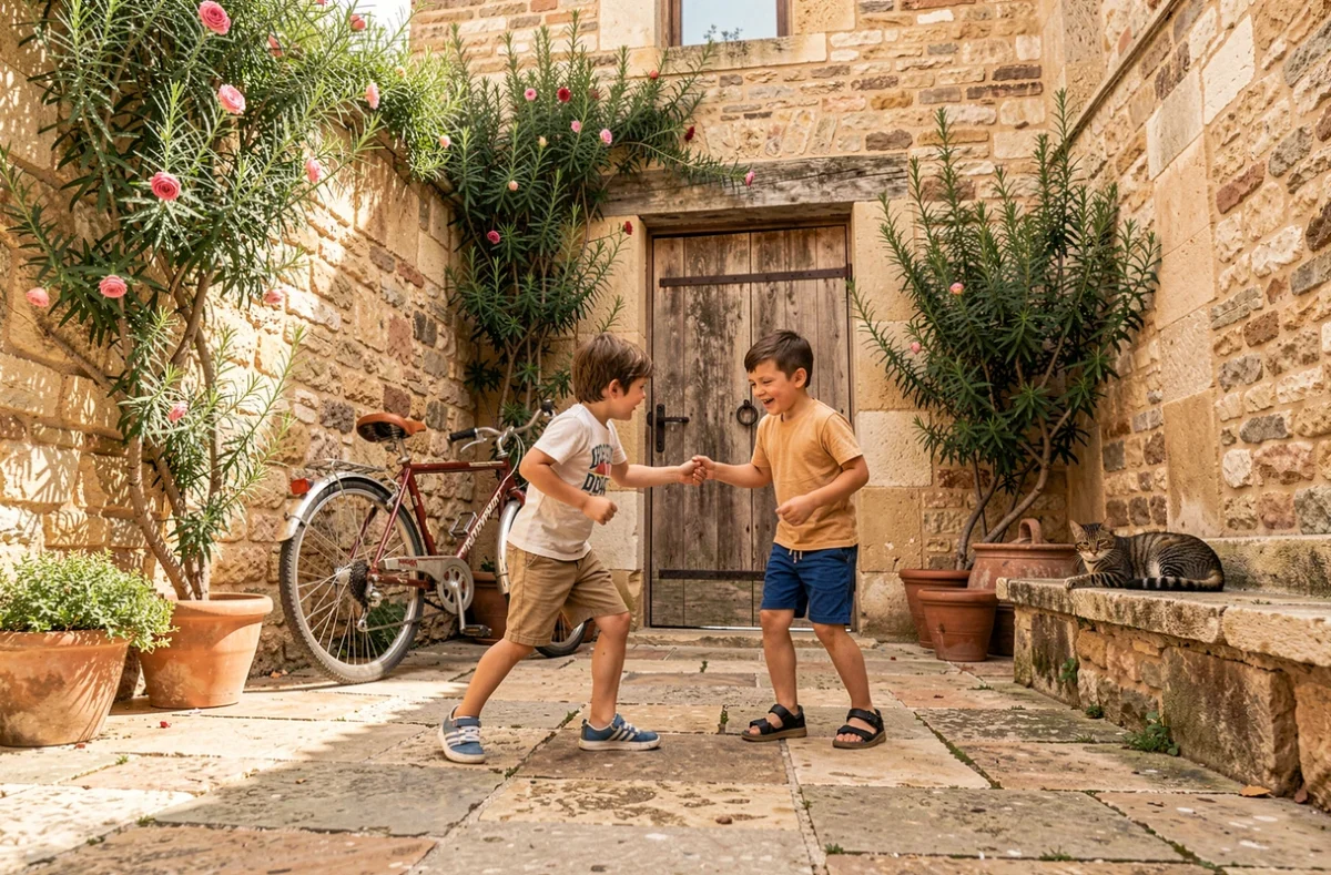 Enfants jouant dans la cour d'un mas provençal avec murs en pierre et végétation méditerranéenne
