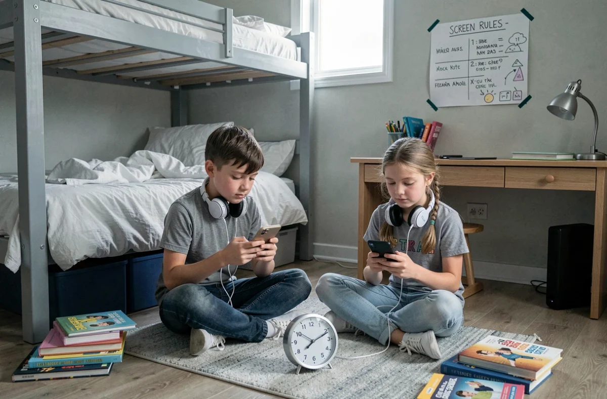 Deux enfants utilisant leurs smartphones dans une chambre avec un minuteur et un tableau de règles des écrans affiché au mur