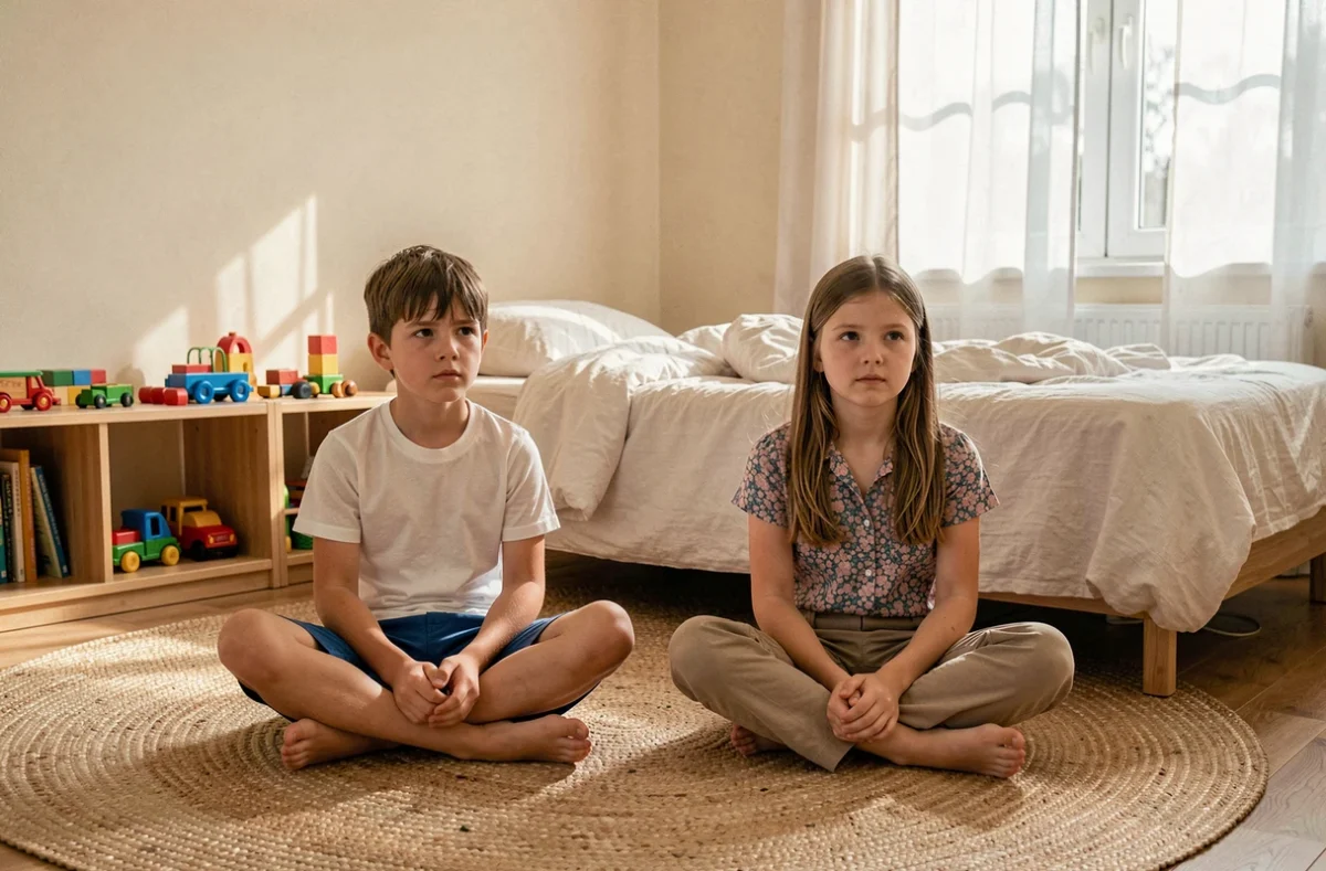 Deux enfants assis en silence dans une chambre, chacun dans ses pensées, illustrant le bienfait de l'ennui en famille