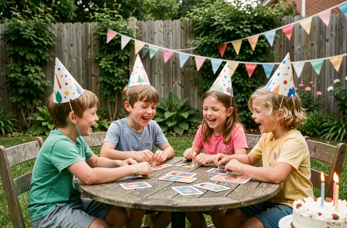 Groupe d'enfants jouant à des jeux lors d'une fête d'anniversaire en plein air dans un jardin