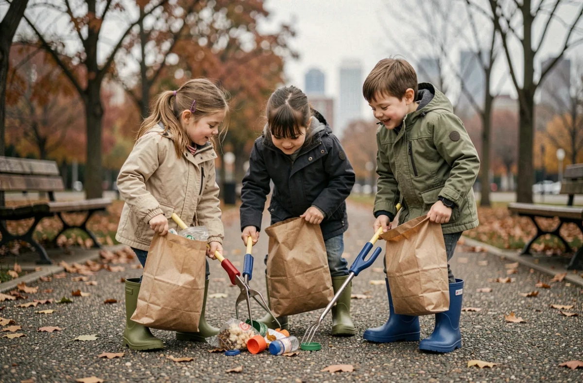 Groupe d'enfants ramassant des déchets dans un parc urbain en automne, éducation à l'environnement et gestes citoyens