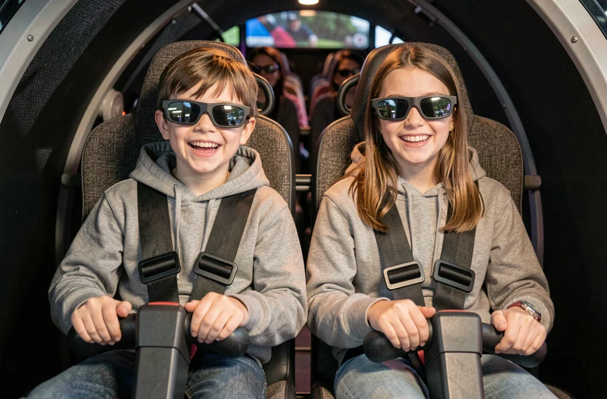 Enfants de différents âges dans un simulateur de réalité virtuelle au Futuroscope