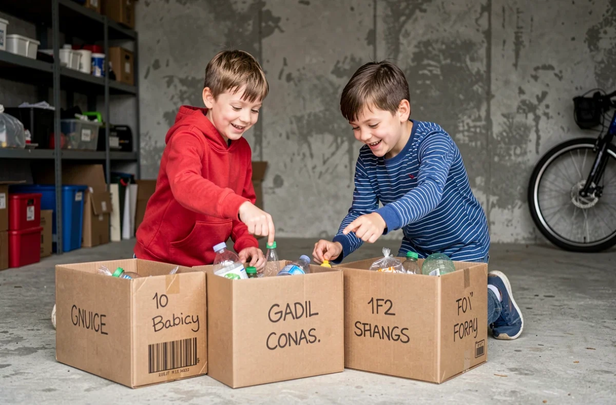 Deux garçons triant des matériaux recyclables dans un garage, apprentissage du tri sélectif et des gestes écologiques