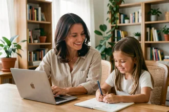 Femme travaillant à domicile tout en passant du temps avec sa fille, illustrant l'équilibre entre vie professionnelle et vie familiale
