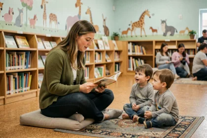 Femme lisant un livre illustré à des enfants dans un espace famille de bibliothèque municipale