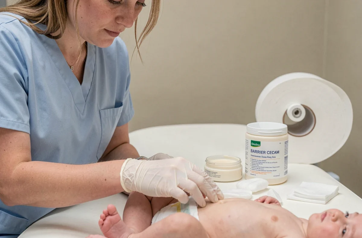 Infirmière pédiatrique examinant la peau d'un bébé pour détecter des signes d'irritation cutanée liée aux couches