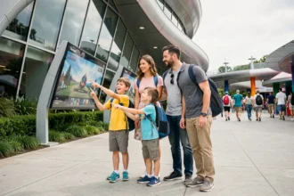 Famille avec enfants devant l'entrée du Futuroscope, exprimant joie et émerveillement