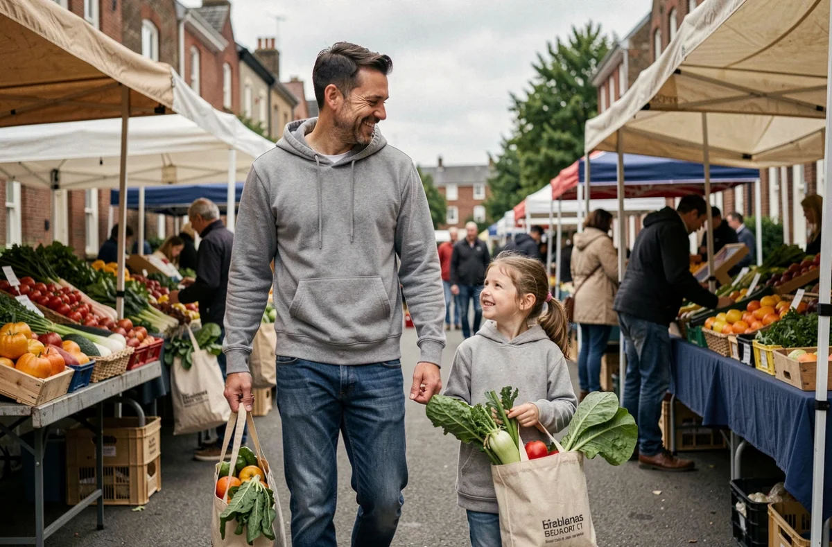 Père et fille faisant leurs courses dans un marché local grâce à une aide associative, illustrant le soutien aux familles en difficulté