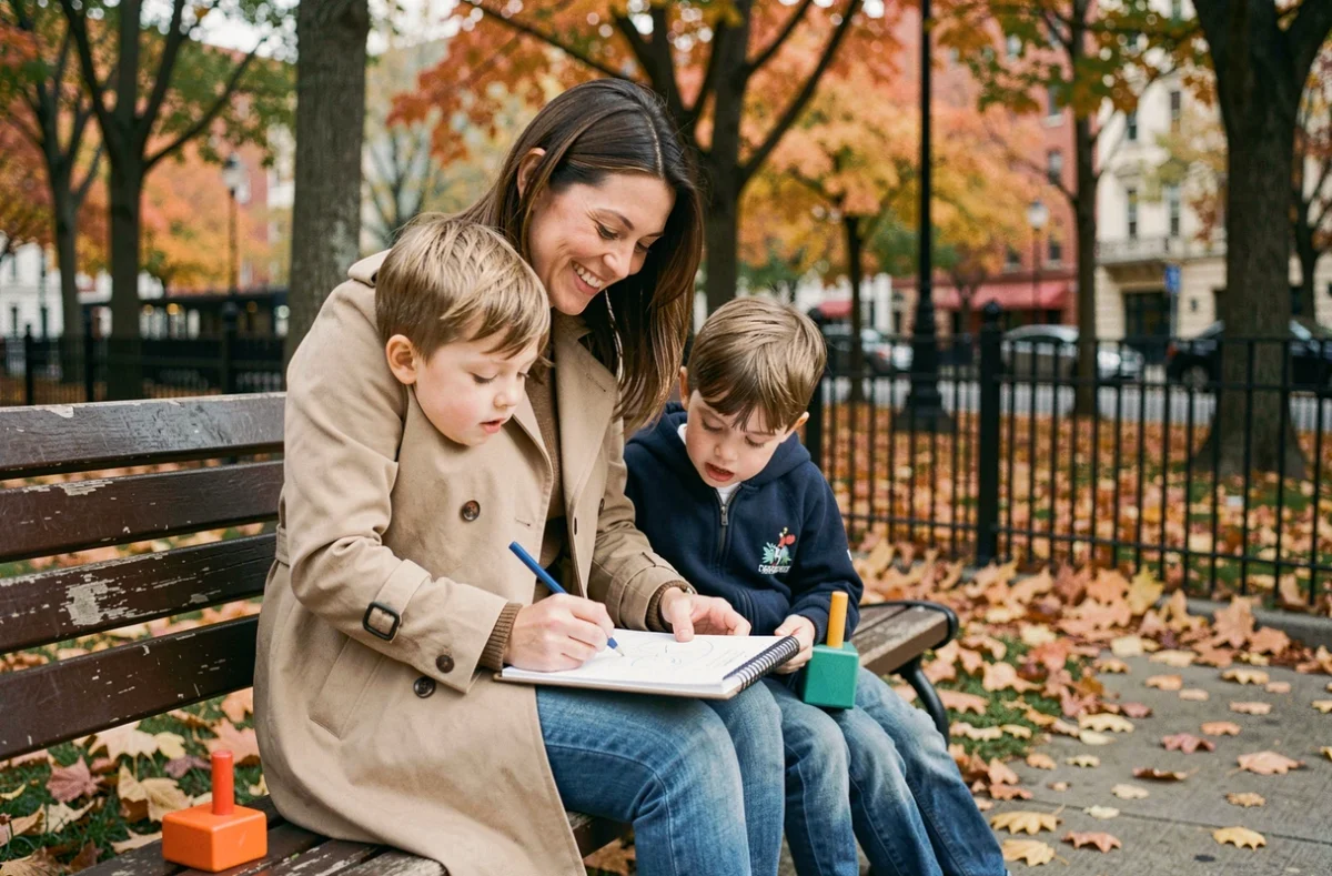 Mère célibataire avec ses deux enfants dans un parc en automne, représentant la situation familiale monoparentale