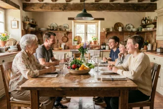 Famille multigénérationnelle réunie autour d'un repas dans une cuisine de campagne française