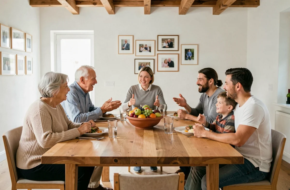 Famille multigénérationnelle réunie autour d'un repas du dimanche avec grands-parents, parents et enfants