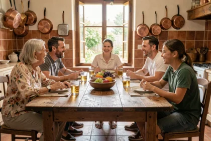 Famille multigénérationnelle réunie autour d'une table en bois dans une cuisine traditionnelle française, illustrant les différentes situations familiales