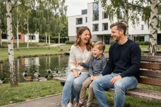 Famille heureuse dans un parc urbain scandinave, illustrant un cadre idéal pour élever des enfants