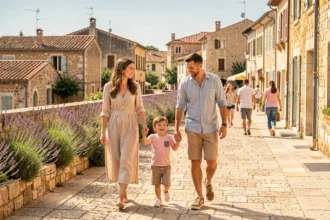 Famille se promenant dans un village du sud de la France avec maisons en pierre et toits en tuiles
