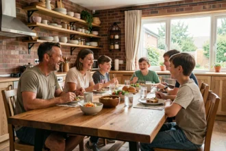 Famille recomposée réunie autour d'un repas convivial, favorisant la communication et le dialogue entre parents et enfants