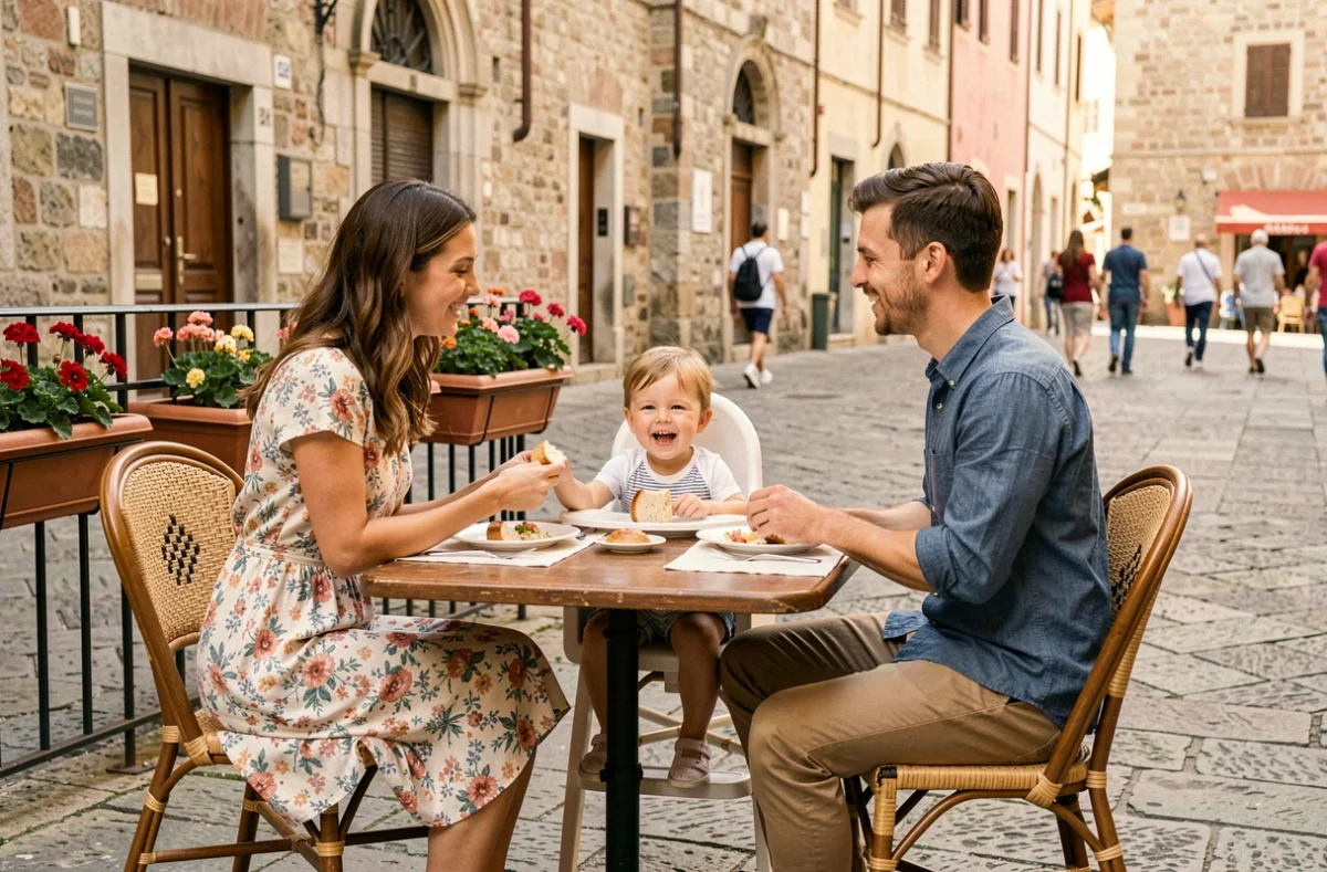 Jeune couple voyageant avec un tout-petit attablé à une terrasse de café dans une place européenne pittoresque
