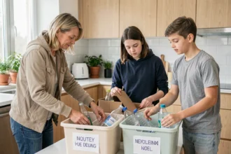 Famille pratiquant le tri sélectif ensemble dans une cuisine moderne pour adopter des habitudes écoresponsables