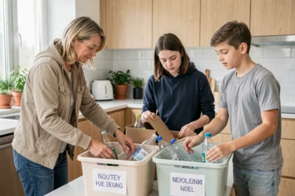 Famille pratiquant le tri sélectif ensemble dans une cuisine moderne pour adopter des habitudes écoresponsables