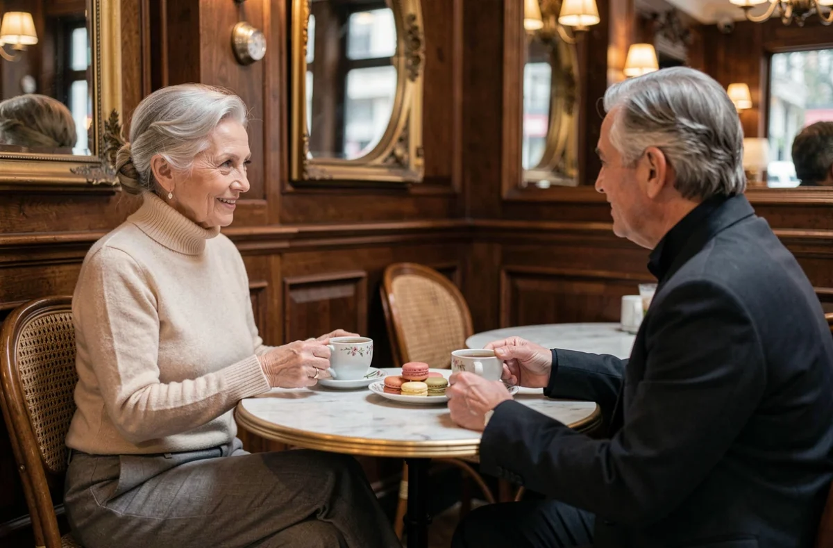 Femme aux cheveux argentés partageant un thé avec un proche dans un café bistrot parisien classique