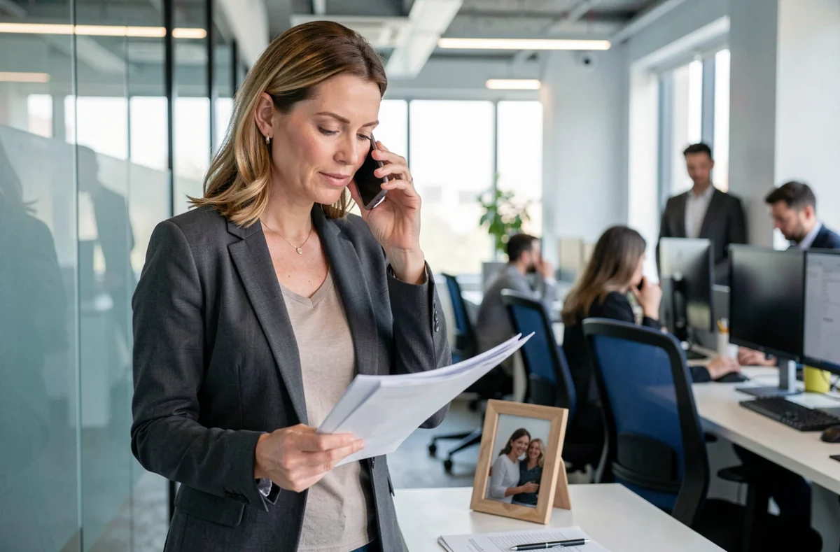 Femme cadre au téléphone dans un open space professionnel avec une photo de famille visible sur son bureau, illustrant la conciliation travail-famille