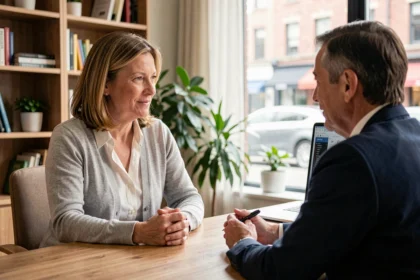 Femme discutant avec un conseiller professionnel dans un bureau moderne pour trouver de l'aide