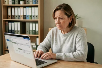 Femme d'une cinquantaine d'années consultant son espace Info retraite sur un ordinateur portable à son bureau à domicile