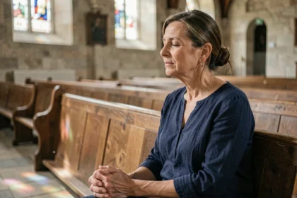 Femme en contemplation silencieuse dans une église en bois, mains jointes, exprimant la foi et la réflexion spirituelle