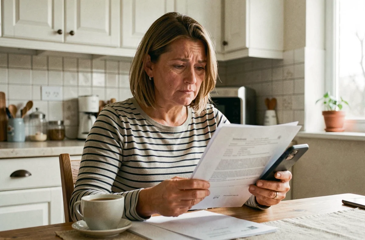 Femme à la maison consultant des documents officiels de retraite et son téléphone portable avec une expression perplexe