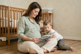 Femme enceinte lisant un livre illustré à son petit garçon dans une chambre de bébé préparée pour l'arrivée d'un deuxième enfant