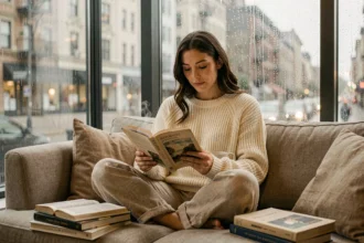 Femme lisant un livre sur un canapé confortable un jour de pluie à la maison