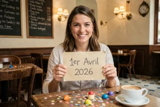 Femme souriante tenant un panneau '1er Avril 2026' dans un café français avec des confettis sur la table