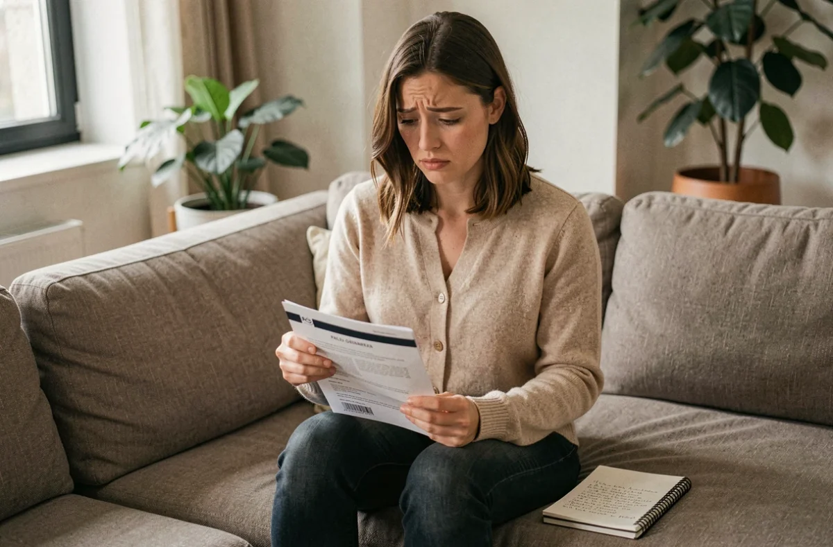 Femme seule réfléchissant aux inconvénients du PACS en lisant un document juridique sur son canapé