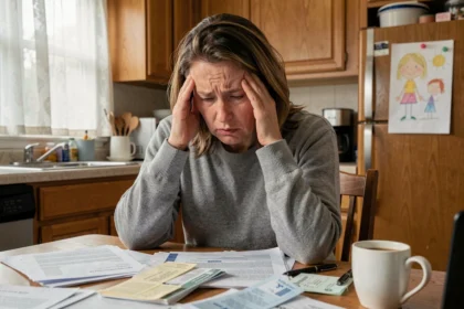 Femme stressée assise à une table de cuisine encombrée, se tenant les tempes, illustrant le stress familial au quotidien