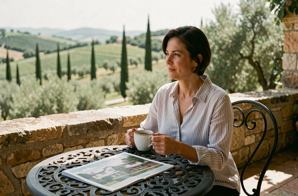 Femme consultant des documents immobiliers sur une terrasse avec vue sur la campagne provençale