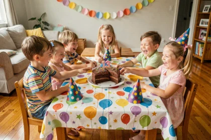Groupe d'enfants autour d'un gâteau d'anniversaire coloré lors d'une fête d'anniversaire à la maison
