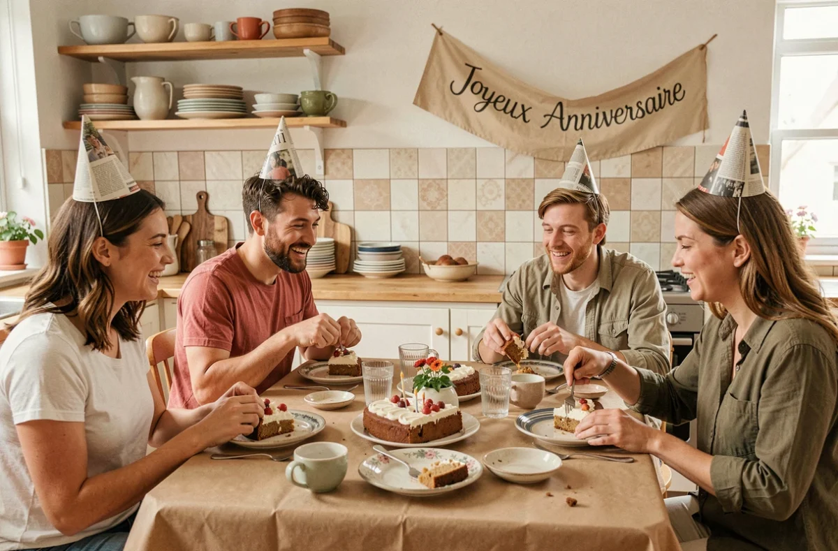 Groupe d'amis célébrant un anniversaire autour d'une table avec un gâteau maison et des décorations DIY économiques