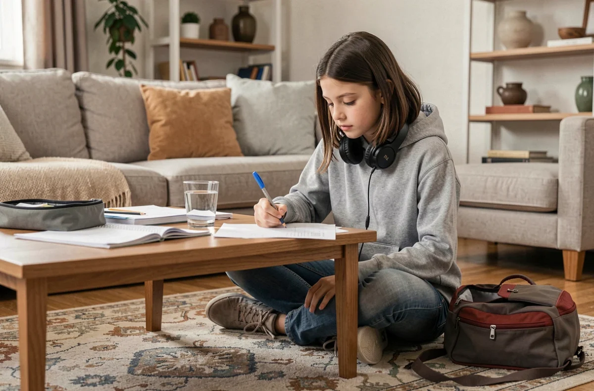 Jeune fille assise sur le sol du salon en train de faire ses devoirs seule avec des feuilles de cours et un crayon