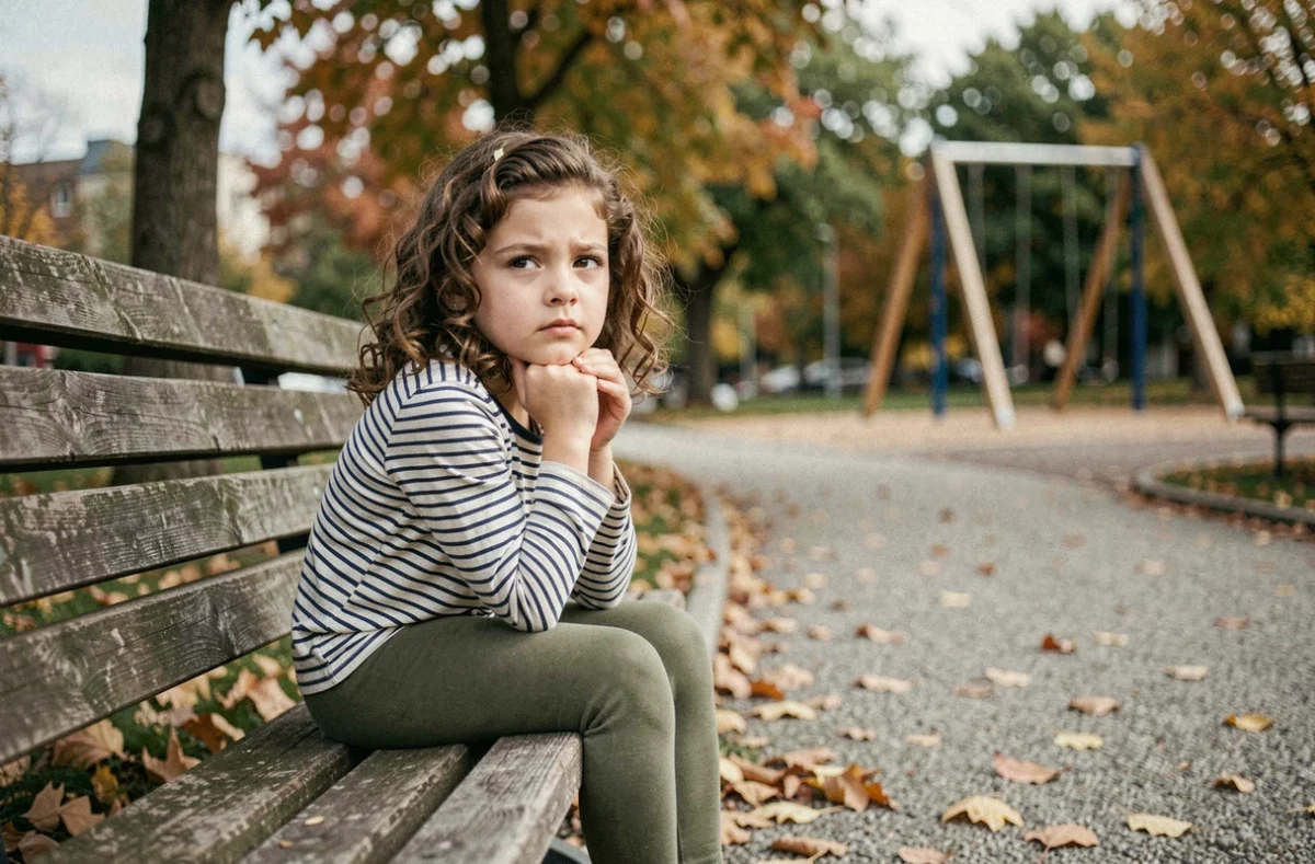 Fillette pensive assise seule sur un banc de parc en automne, évoquant l'ennui sain et la rêverie chez l'enfant