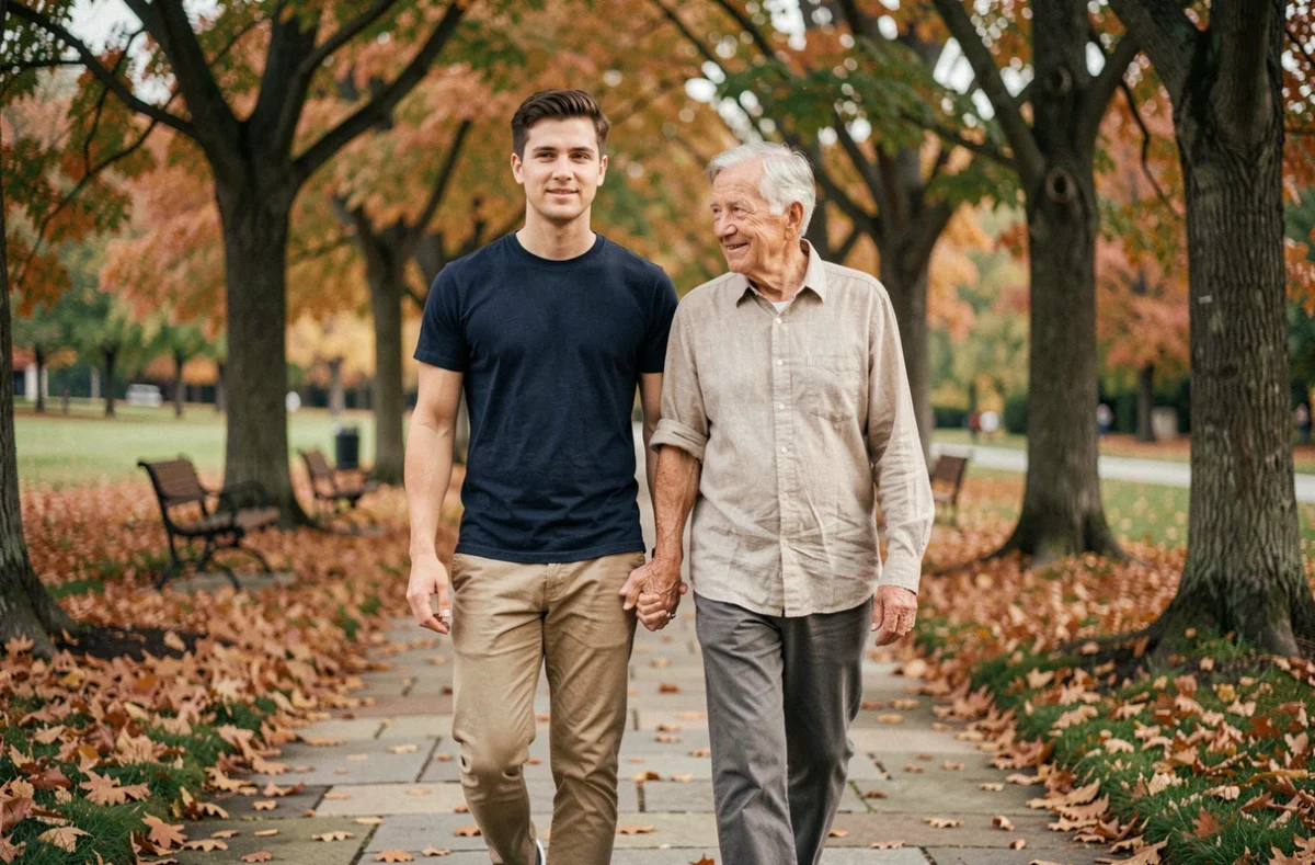 Jeune homme adulte se promenant avec son père âgé dans un parc en automne, symbolisant le lien affectif et le soutien des enfants envers leurs parents
