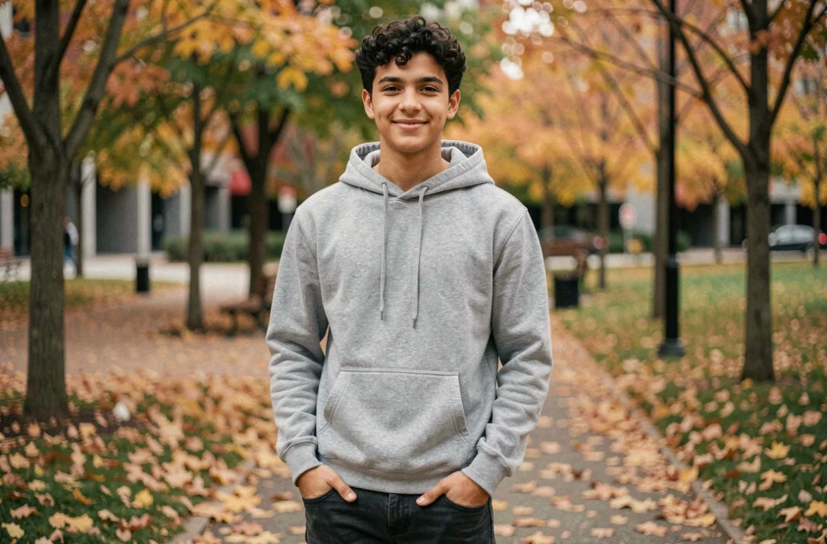 Jeune adolescent métis en tenue décontractée dans un parc urbain en automne, illustrant le fils de Noémie Lenoir
