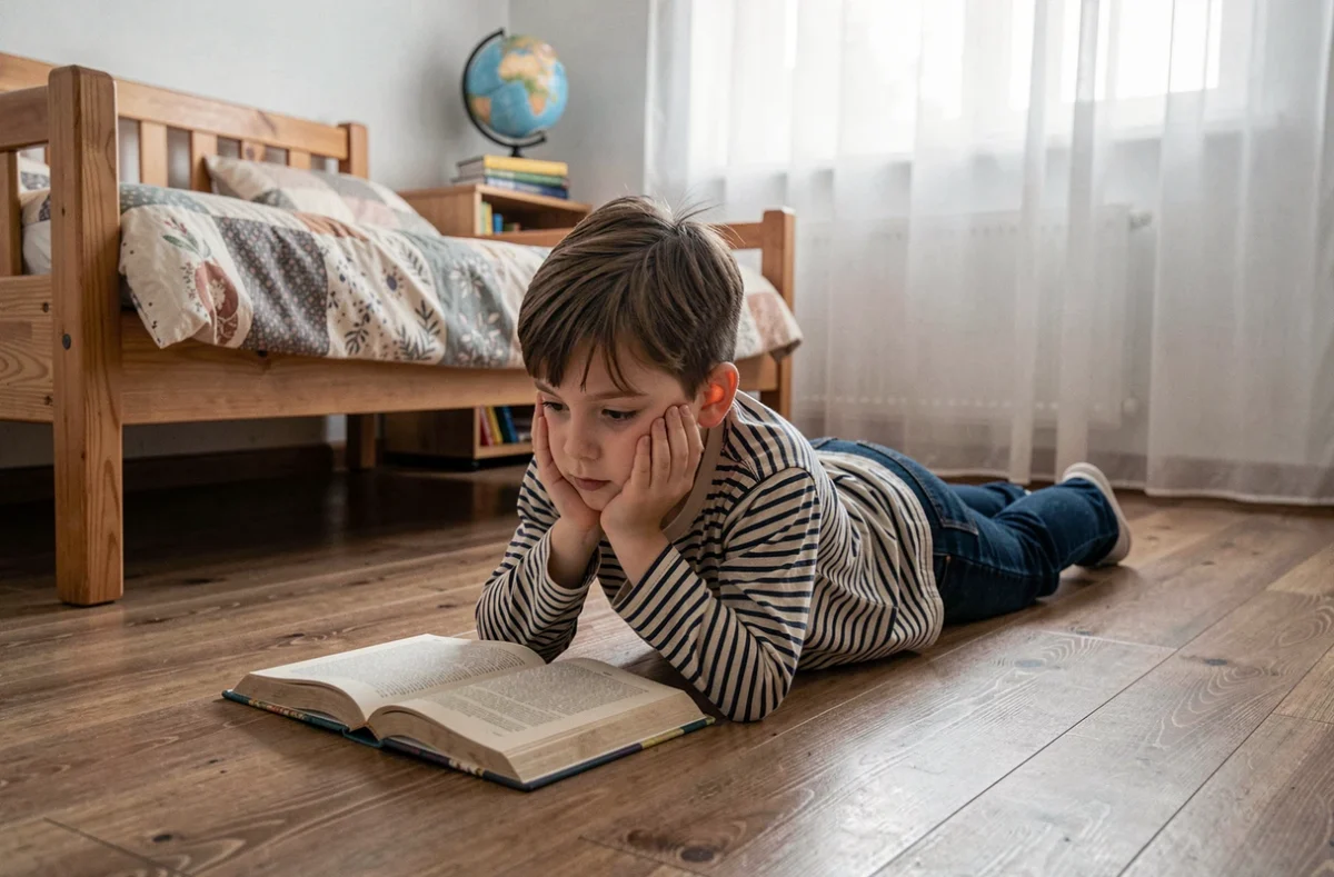 Jeune garçon allongé sur le sol de sa chambre lisant un livre avec concentration pendant un rituel matinal