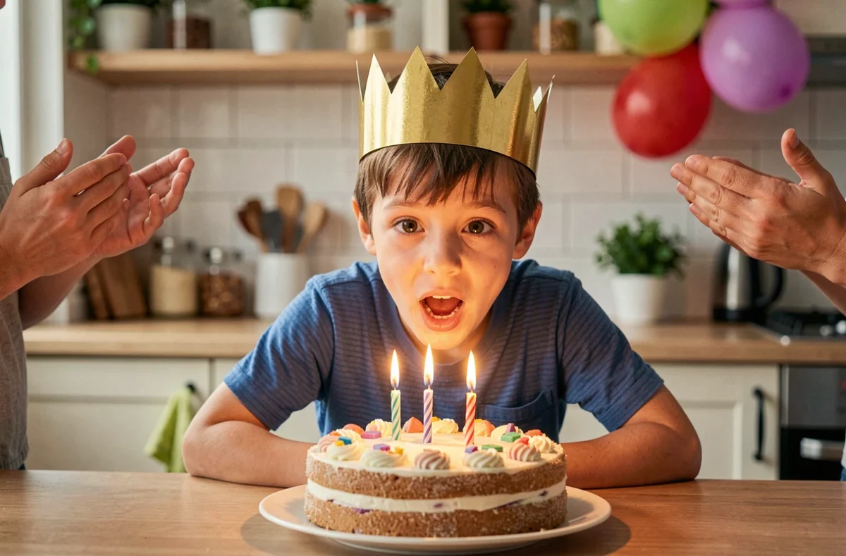 Jeune garçon soufflant les bougies de son gâteau d'anniversaire entouré de sa famille dans une cuisine