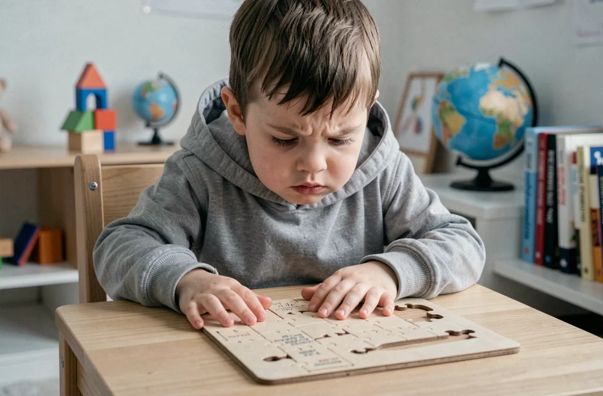 Garçon en bas âge surdoué frustré devant un puzzle complexe dans une chambre d'enfant, exprimant une concentration intense et une irritation émotionnelle