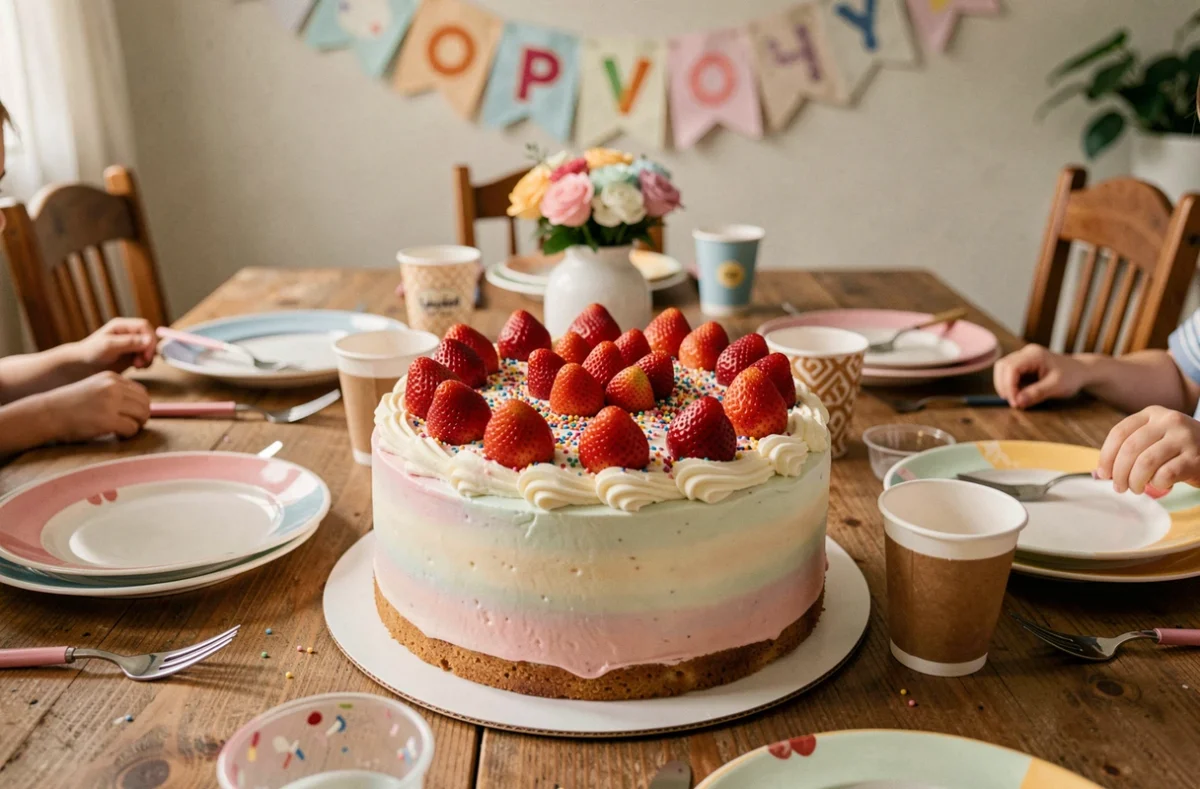 Gâteau d'anniversaire fait maison décoré de fraises et de vermicelles colorés au centre d'une table de fête