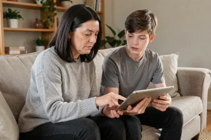 Mère et adolescent discutant calmement des règles d'utilisation des écrans dans un salon chaleureux