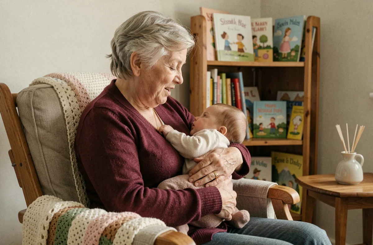Grand-mère chantant une berceuse à son petit-bébé dans un fauteuil à bascule dans un coin lecture douillet