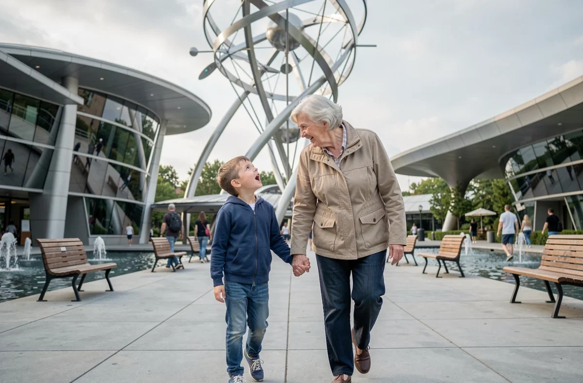 Grand-mère et petit-enfant explorant ensemble une attraction futuriste au Futuroscope